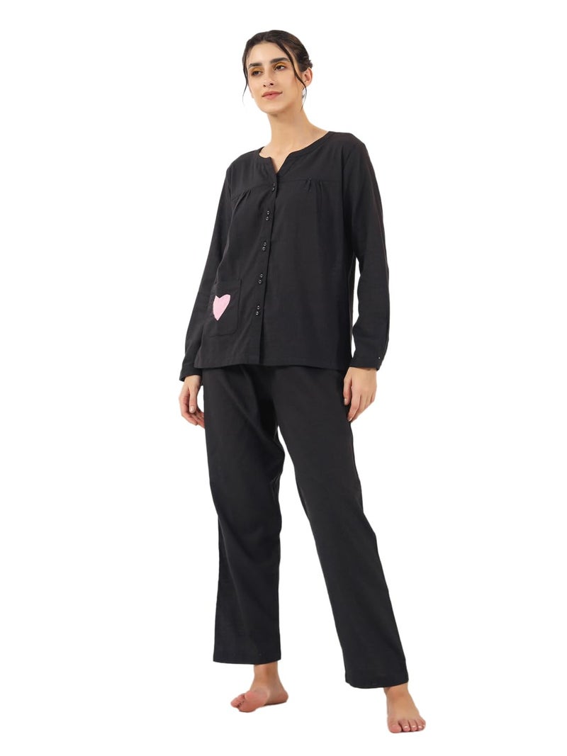 SAY Womens Cotton Night Dress Set Shirt and Pyjama Lounge Wear Night Dress, Black - Image 1