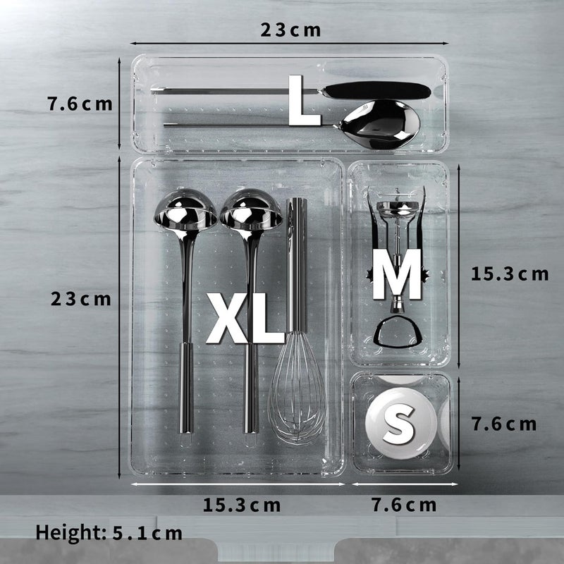 Cetomo 14 Pieces Drawer Organizer Set, Plastic Storage Organiser, Drawer Divider, Adjustable and Expandable Container Tray for Kitchen Utensils, Cosmetics, Clear, 4 Sizes-14 Pack - Image 2