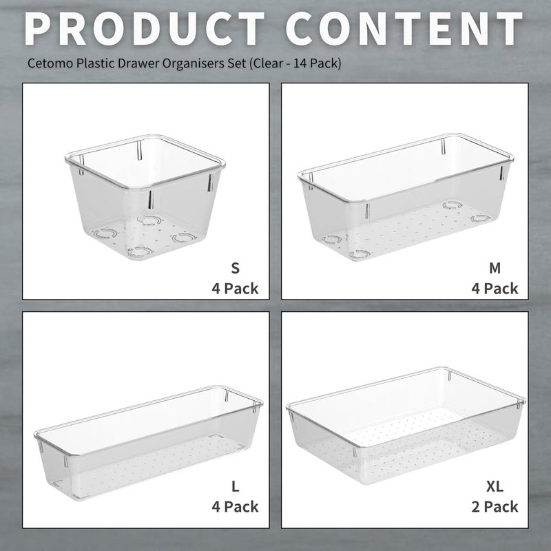 Cetomo 14 Pieces Drawer Organizer Set, Plastic Storage Organiser, Drawer Divider, Adjustable and Expandable Container Tray for Kitchen Utensils, Cosmetics, Clear, 4 Sizes-14 Pack - Image 3