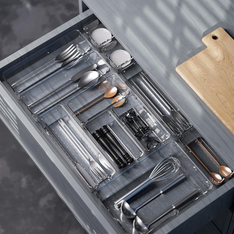Cetomo 14 Pieces Drawer Organizer Set, Plastic Storage Organiser, Drawer Divider, Adjustable and Expandable Container Tray for Kitchen Utensils, Cosmetics, Clear, 4 Sizes-14 Pack - Image 4