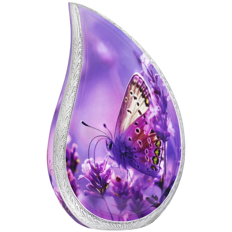NANIURN Cremation Urn for Ashes for Women & Men, Teardrop Urns for Human Ashes Adult Female & Male, Funeral Urns With Butterflies, Tear Drop Decorative, Lavender & Flower, Purple Butterfly Urn - Large - Image 1