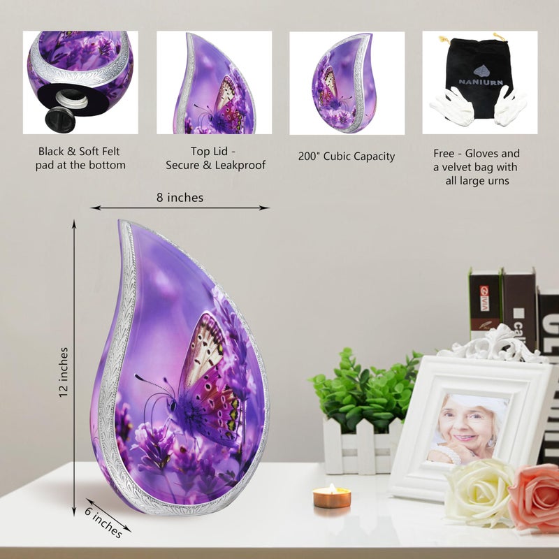 NANIURN Cremation Urn for Ashes for Women & Men, Teardrop Urns for Human Ashes Adult Female & Male, Funeral Urns With Butterflies, Tear Drop Decorative, Lavender & Flower, Purple Butterfly Urn - Large - Image 2