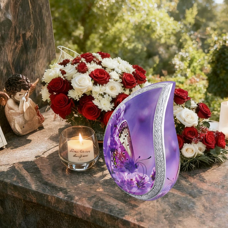 NANIURN Cremation Urn for Ashes for Women & Men, Teardrop Urns for Human Ashes Adult Female & Male, Funeral Urns With Butterflies, Tear Drop Decorative, Lavender & Flower, Purple Butterfly Urn - Large - Image 4