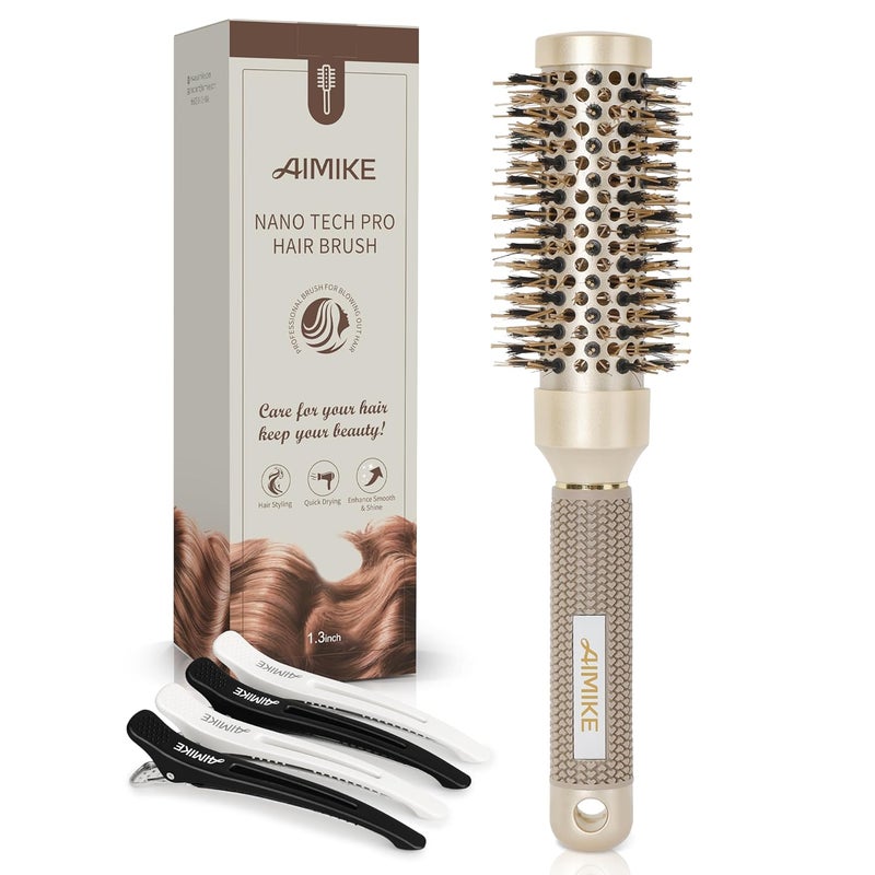 AIMIKE Round Brush 13 Inch Barrel Nano Thermal Ceramic  Ionic Tech Boar Bristles for Blow Drying Styling Curling and Shine Gold  4 Clips