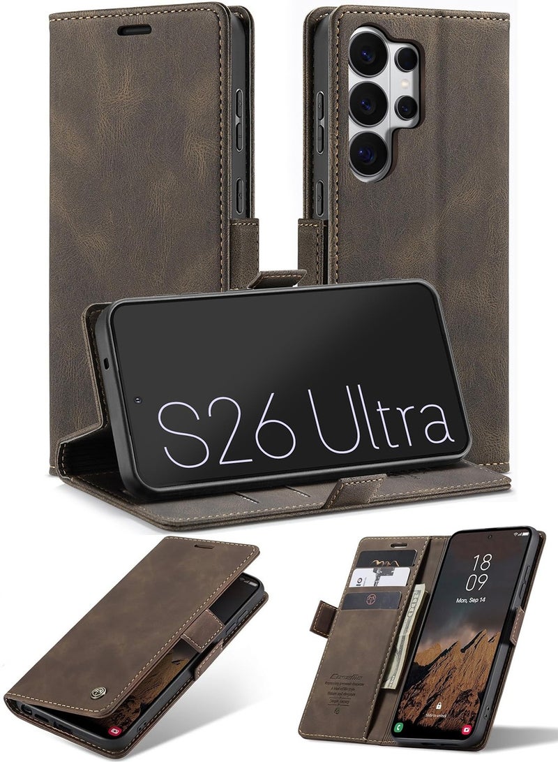 جراب محفظة جلدي قلاب بتصميم كلاسيكي لهاتف Galaxy S26 Ultra، مزود بحامل بطاقات، وتقنية حجب RFID، وإغلاق مغناطيسي، وغطاء قابل للطي مع مسند، مقاوم للصدمات - بني قهوة - Image 1