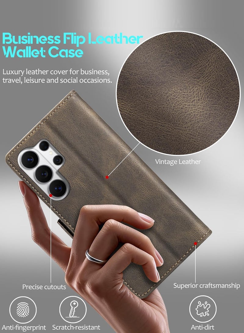 جراب محفظة جلدي قلاب بتصميم كلاسيكي لهاتف Galaxy S26 Ultra، مزود بحامل بطاقات، وتقنية حجب RFID، وإغلاق مغناطيسي، وغطاء قابل للطي مع مسند، مقاوم للصدمات - بني قهوة - Image 2
