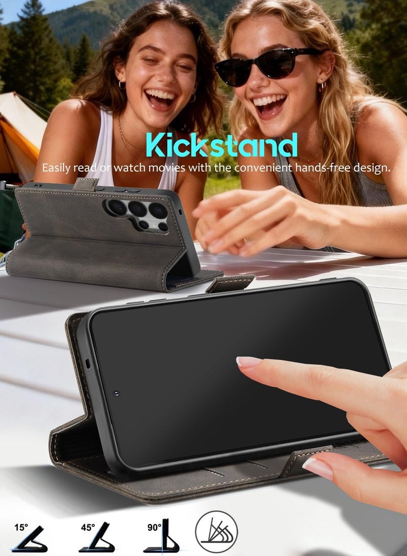 جراب محفظة جلدي قلاب بتصميم كلاسيكي لهاتف Galaxy S26 Ultra، مزود بحامل بطاقات، وتقنية حجب RFID، وإغلاق مغناطيسي، وغطاء قابل للطي مع مسند، مقاوم للصدمات - بني قهوة - Image 3