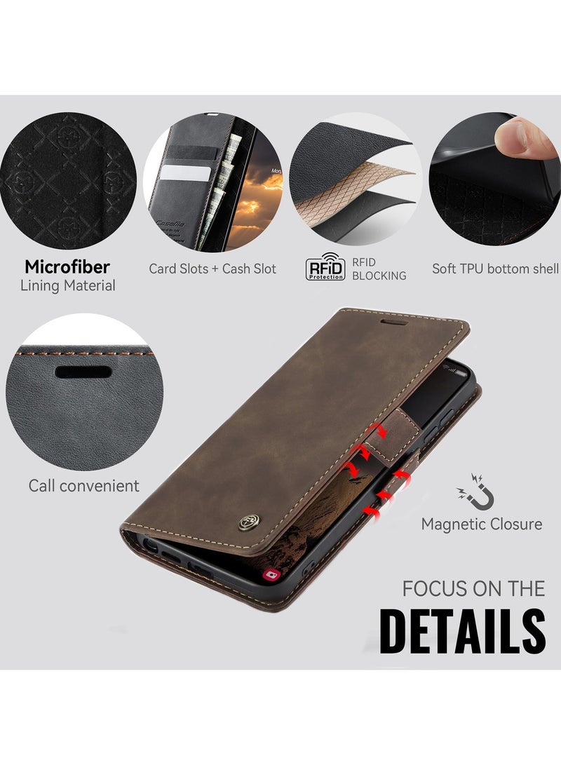 جراب محفظة جلدي قلاب بتصميم كلاسيكي لهاتف Galaxy S26 Ultra، مزود بحامل بطاقات، وتقنية حجب RFID، وإغلاق مغناطيسي، وغطاء قابل للطي مع مسند، مقاوم للصدمات - بني قهوة - Image 4