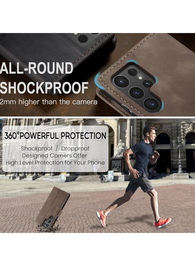 جراب محفظة جلدي قلاب بتصميم كلاسيكي لهاتف Galaxy S26 Ultra، مزود بحامل بطاقات، وتقنية حجب RFID، وإغلاق مغناطيسي، وغطاء قابل للطي مع مسند، مقاوم للصدمات - بني قهوة - Image 5