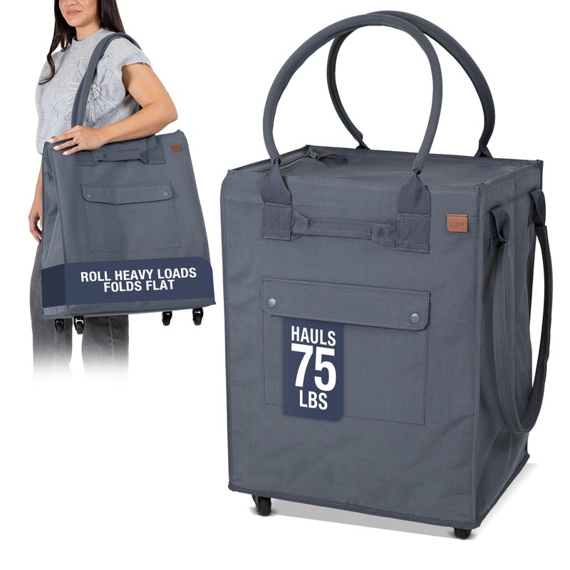 CleverMade Hauler Rolling Tote Bag, 90L Collapsible Portable Shopping Cart with Wheels for Groceries, Laundry, Organization â€“ Heavy Duty Utility Tote with 75 lb Capacity, Basket with Wheels, Gunmetal - Image 1