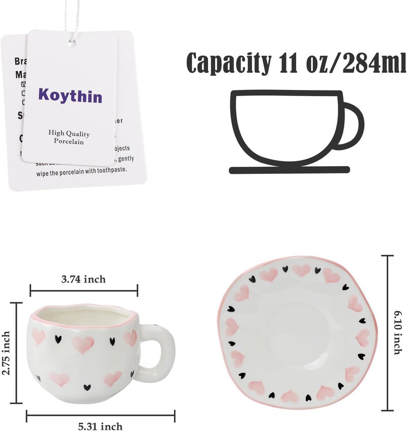 Koythin Ceramic Coffee Mug with Saucer Set, Cute Sweet and Cool Love Cup Unique Irregular Design for Office and Home, 10 oz/300 ml for Latte Tea Milk - Image 2