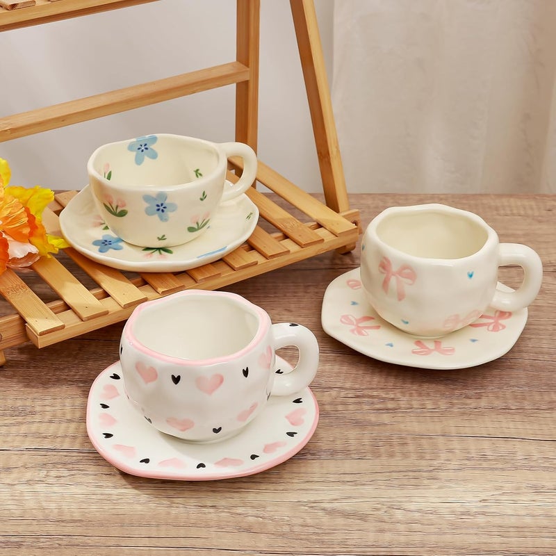 Koythin Ceramic Coffee Mug with Saucer Set, Cute Sweet and Cool Love Cup Unique Irregular Design for Office and Home, 10 oz/300 ml for Latte Tea Milk - Image 3