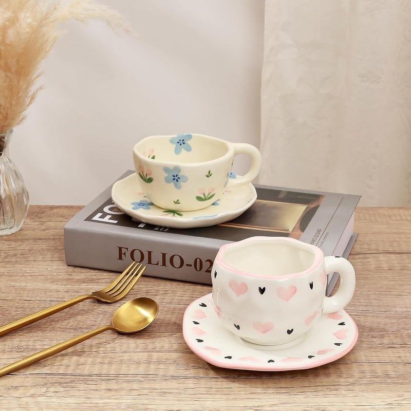 Koythin Ceramic Coffee Mug with Saucer Set, Cute Sweet and Cool Love Cup Unique Irregular Design for Office and Home, 10 oz/300 ml for Latte Tea Milk - Image 4