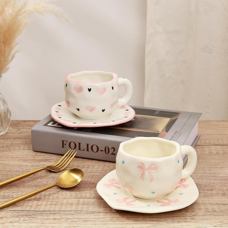 Koythin Ceramic Coffee Mug with Saucer Set, Cute Sweet and Cool Love Cup Unique Irregular Design for Office and Home, 10 oz/300 ml for Latte Tea Milk - Image 5