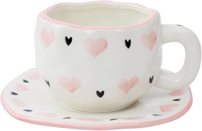Koythin Ceramic Coffee Mug with Saucer Set, Cute Sweet and Cool Love Cup Unique Irregular Design for Office and Home, 10 oz/300 ml for Latte Tea Milk - Image 1