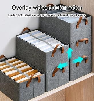 REXOTEX Wardrobe Organizer with Handles Foldable Storage Baskets for Organizing Toys Books Shelves Closet Large Storage Box with Metal Frame Grey - Image 5