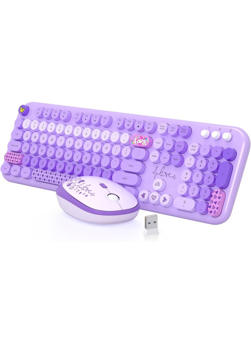 Wireless Keyboard and Mouse Combo – 104 Round Keys, Full Size, Retro Typewriter Style, Multicolor Design – Purple - Image 1