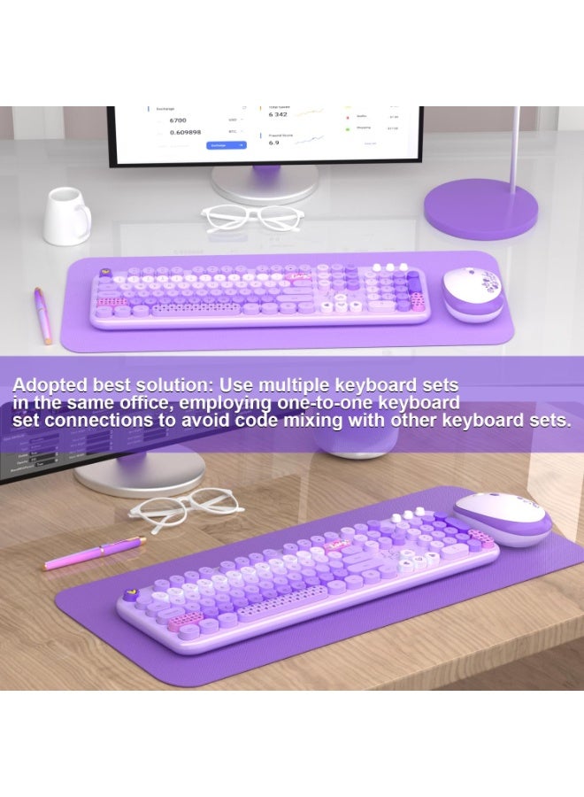 Wireless Keyboard and Mouse Combo – 104 Round Keys, Full Size, Retro Typewriter Style, Multicolor Design – Purple - Image 2