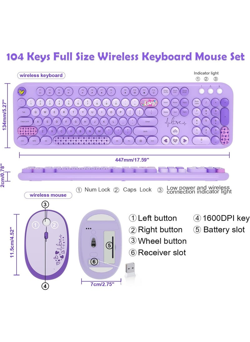 Wireless Keyboard and Mouse Combo – 104 Round Keys, Full Size, Retro Typewriter Style, Multicolor Design – Purple - Image 3