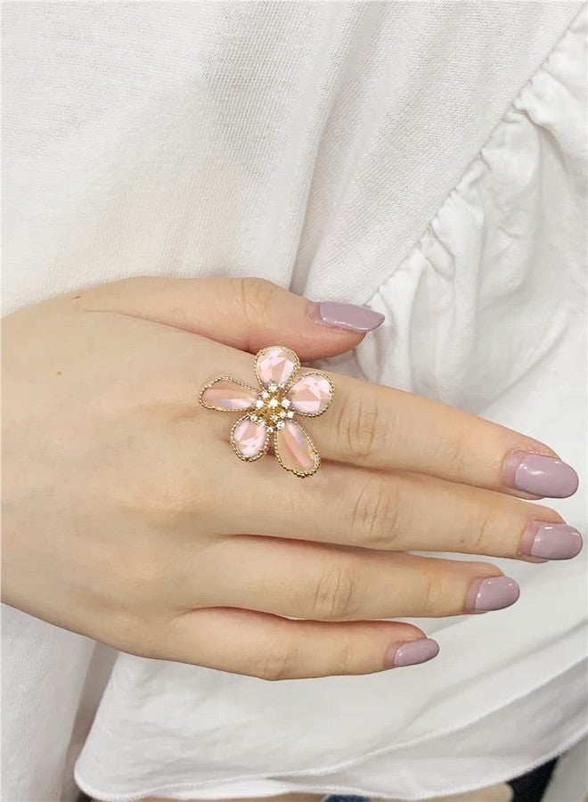 Dtja خاتم بيان زهرة كريستال لامع للنساء بتصميم بلينغ CZ دقيق وسميك قابل للتعديل وقابل للتوسيع مفتوح لف لفات الأصابع مريح بوهيمي ي2ك مجوهرات زفاف عيد ميلاد عيد الميلاد (وردي) - Image 4