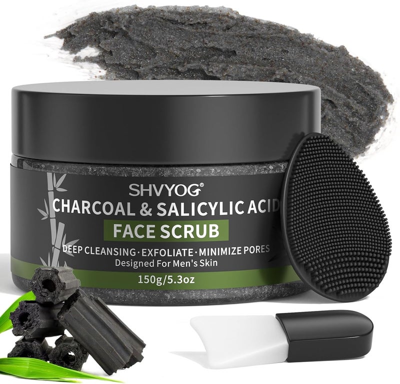 Mens Face Scrub Bamboo Charcoal Salicylic Acid Face Exfoliant Facial Peeling Improves Blackheads Acne Clogged Pores Cleansing Oil Control Preshave Care for Men with Facial Cleansing Brush