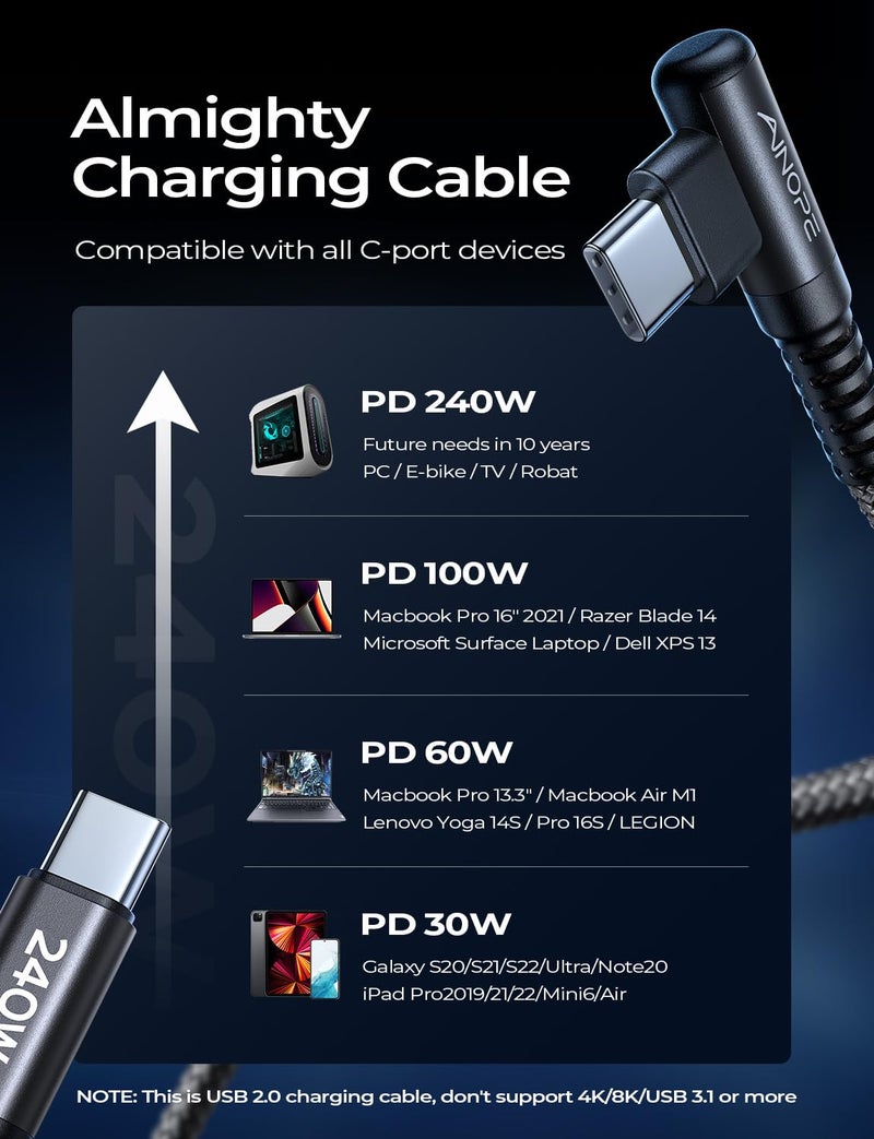 AINOPE 240W USB C to USB C Cable Fast Charging 10FT,Right Angle USBC to USBC Fast Type C Charging Cable Fits iPhone 16 Pro Max Plus,iPhone 15,MacBook Air/Pro,iPad Pro,Samsung,Pixel,All Devices,Black - Image 3