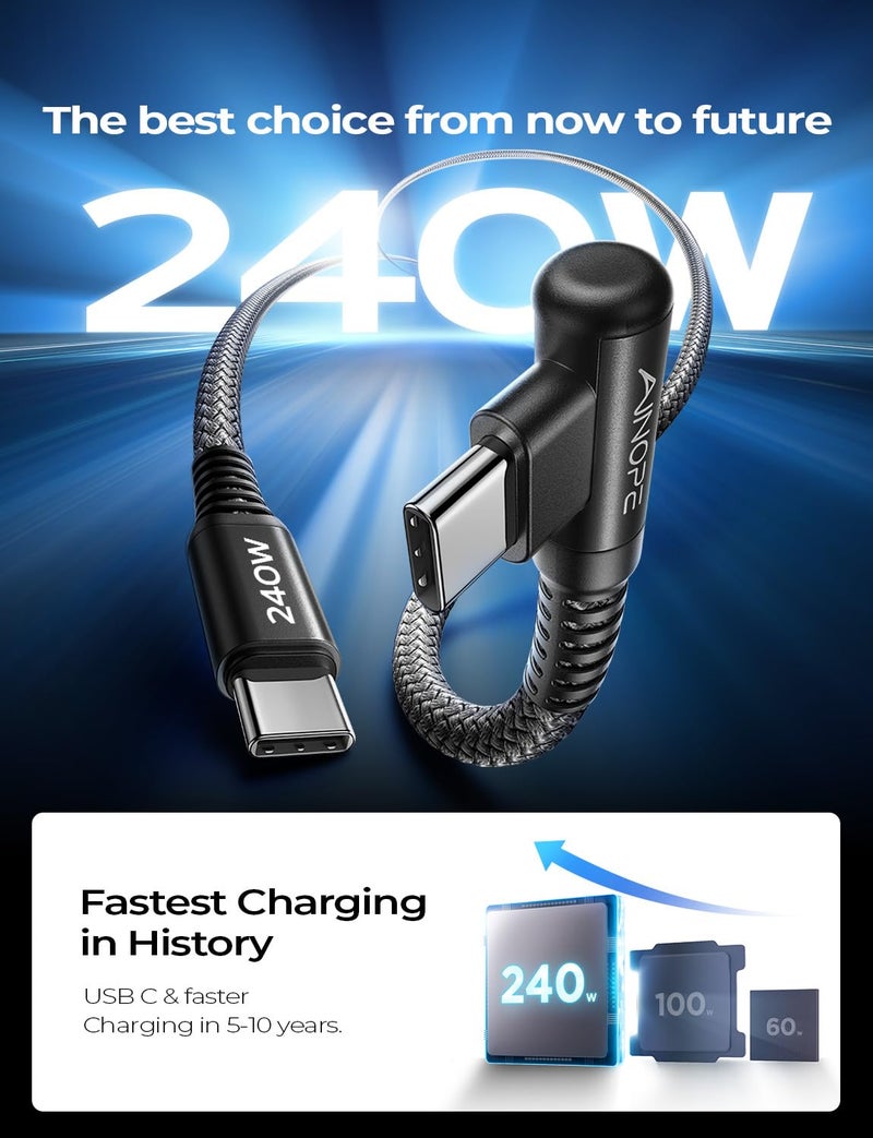 AINOPE 240W USB C to USB C Cable Fast Charging 10FT,Right Angle USBC to USBC Fast Type C Charging Cable Fits iPhone 16 Pro Max Plus,iPhone 15,MacBook Air/Pro,iPad Pro,Samsung,Pixel,All Devices,Black - Image 2