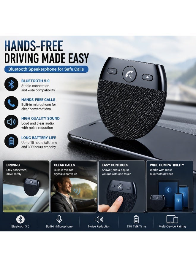Universal Black Car Hands Free Sun Visor Speaker Wireless Calling Easy Installation Connects 2 Phones Vibration Start One Button Operation Call Answer Volume Adjustment Convenient Safe Driving - Image 1