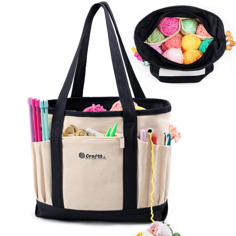 MYBAGZING Canvas Yarn Storage Organizer Bag Washable Crochet Bag with Pockets for Yarn Hooks Needles Travel Knitting Tote for Crafters Gift for Crocheters Knitters MediumLarge - Image 2