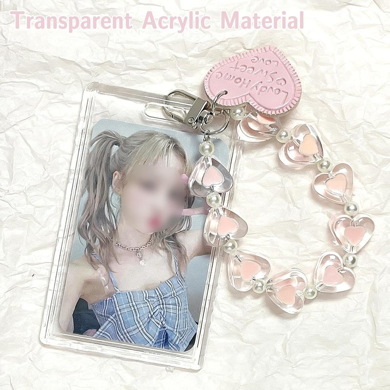SAMIQU Photocard Holder Keychain–Kpop Photo Card Holder with Heart Charm for Fans, Students & Women,Clear Photocard Sleeves Badge Holders for Bus/Metro/ID Cards(Set of 2) - Image 3