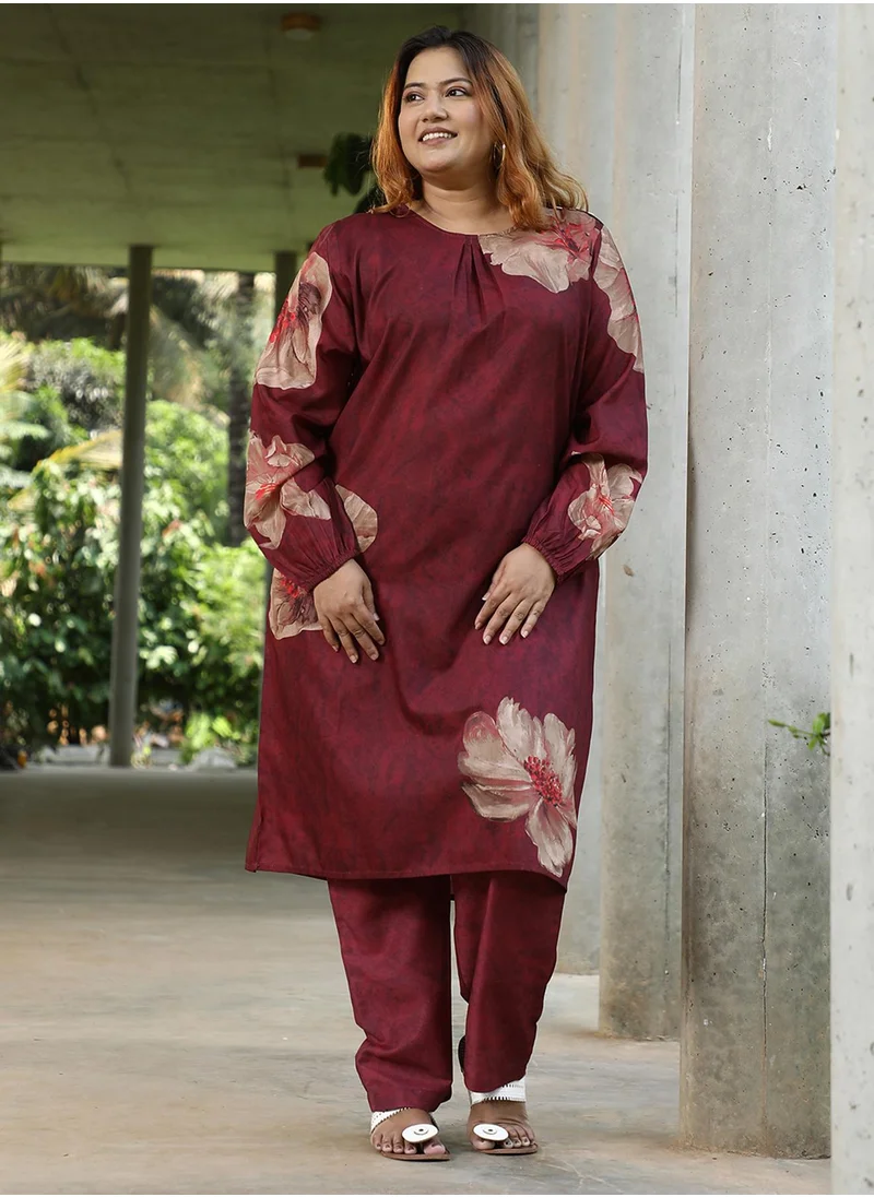 Instafab Plus Women's Rouge Pink Poppy Flora Kurti With Trousers