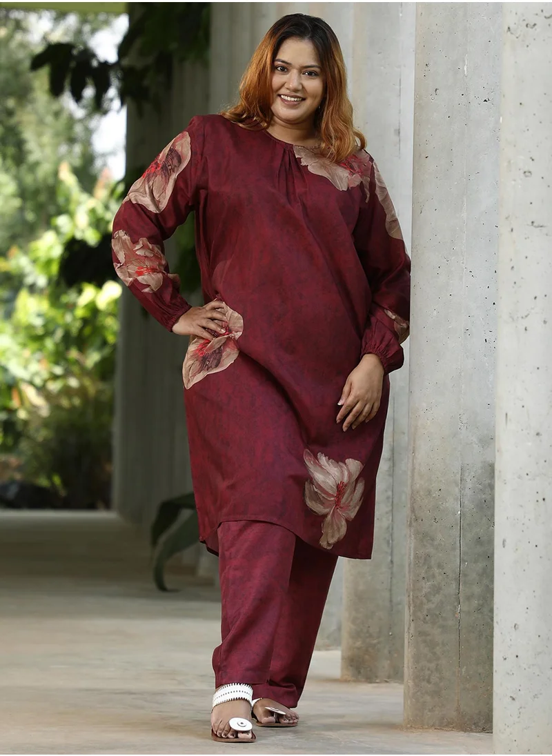 Instafab Plus Women's Rouge Pink Poppy Flora Kurti With Trousers