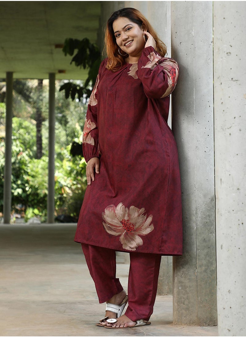 Instafab Plus Women's Rouge Pink Poppy Flora Kurti With Trousers  - Image 4