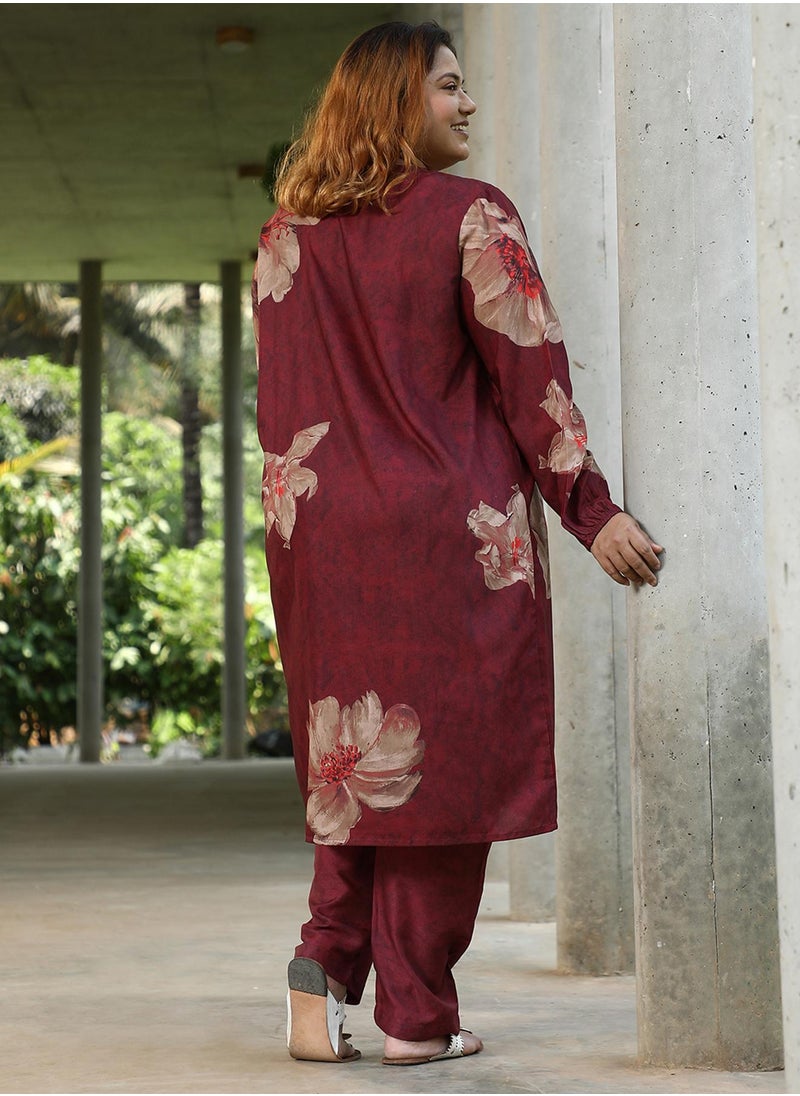 Instafab Plus Women's Rouge Pink Poppy Flora Kurti With Trousers  - Image 3