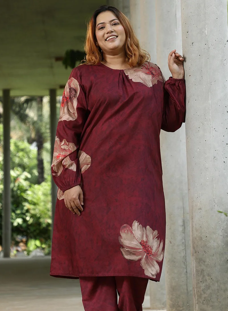 Instafab Plus Women's Rouge Pink Poppy Flora Kurti With Trousers