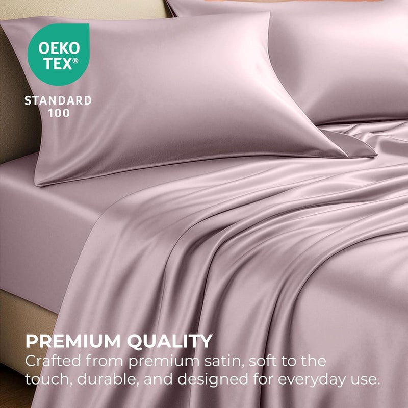 Pure Bedding Satin Sheets Full [4-Piece, Champagne Pink] Hotel Luxury Silky Bed Sheets - Extra Soft 1800 Microfiber Sheet Set, Wrinkle, Fade, Deep Pocket Fitted Sheet, Flat Sheet, Pillow Cases - Image 5