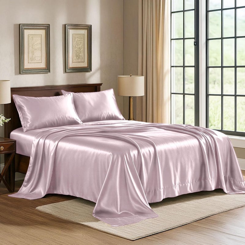 Pure Bedding Satin Sheets Full [4-Piece, Champagne Pink] Hotel Luxury Silky Bed Sheets - Extra Soft 1800 Microfiber Sheet Set, Wrinkle, Fade, Deep Pocket Fitted Sheet, Flat Sheet, Pillow Cases - Image 1