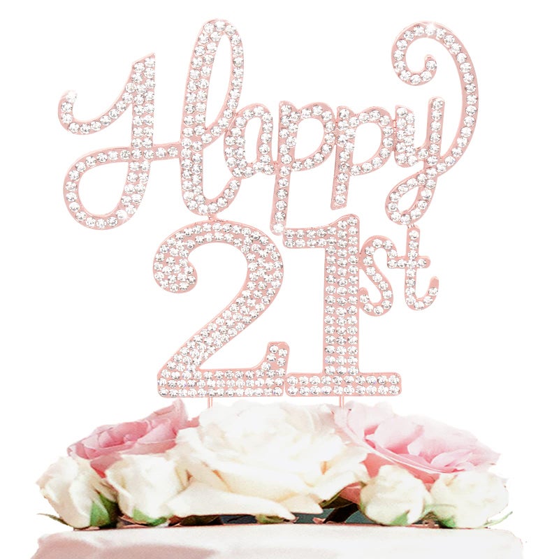 LASKYER Happy 21st Birthday Rose Gold Rhinestone Cake Topper - 21st Birthday/Anniversary Cheers to 21 Years Old Bday Party Metal Sparkly Centerpieces Decorations. - Image 1