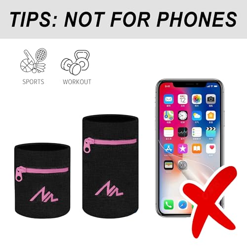NEWZILL Wrist Wallet Wristband with Zipper - Cotton Sweatbands for Men & Women, Ideal for Sport, Running, Walking, Basketball, Football, Tennis, Hiking, Workout, and More Long Black/Pink - Image 3