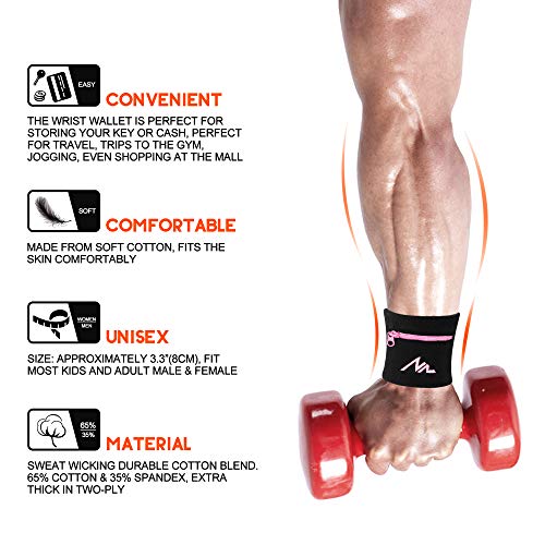 NEWZILL Wrist Wallet Wristband with Zipper - Cotton Sweatbands for Men & Women, Ideal for Sport, Running, Walking, Basketball, Football, Tennis, Hiking, Workout, and More Long Black/Pink - Image 4