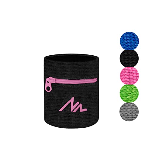 NEWZILL Wrist Wallet Wristband with Zipper - Cotton Sweatbands for Men & Women, Ideal for Sport, Running, Walking, Basketball, Football, Tennis, Hiking, Workout, and More Long Black/Pink - Image 1