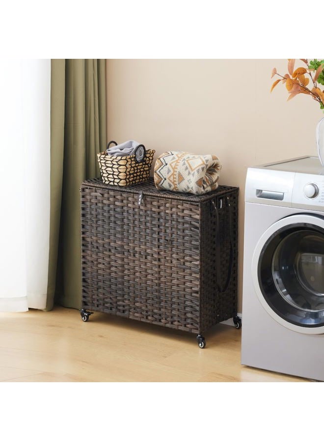 Hiagnete Laundry Hamper with Wheels, 39.6 Gallon(150L) Rolling Laundry Basket with Lid, 3-Section Rattan Clothes Hamper with 3 Removable Liner & 3 Mesh Laundry Bags, Laundry Sorter with Side Pocket, Brown - Image 2