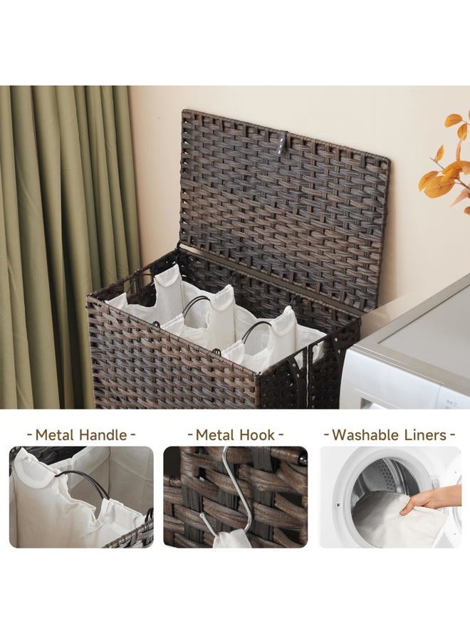 Hiagnete Laundry Hamper with Wheels, 39.6 Gallon(150L) Rolling Laundry Basket with Lid, 3-Section Rattan Clothes Hamper with 3 Removable Liner & 3 Mesh Laundry Bags, Laundry Sorter with Side Pocket, Brown - Image 5
