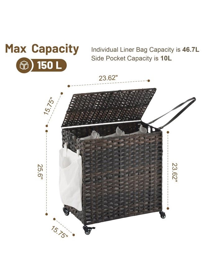 Hiagnete Laundry Hamper with Wheels, 39.6 Gallon(150L) Rolling Laundry Basket with Lid, 3-Section Rattan Clothes Hamper with 3 Removable Liner & 3 Mesh Laundry Bags, Laundry Sorter with Side Pocket, Brown - Image 4