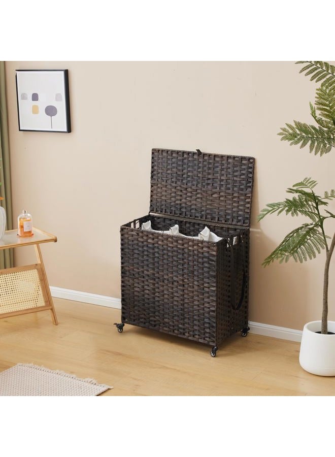Hiagnete Laundry Hamper with Wheels, 39.6 Gallon(150L) Rolling Laundry Basket with Lid, 3-Section Rattan Clothes Hamper with 3 Removable Liner & 3 Mesh Laundry Bags, Laundry Sorter with Side Pocket, Brown - Image 3