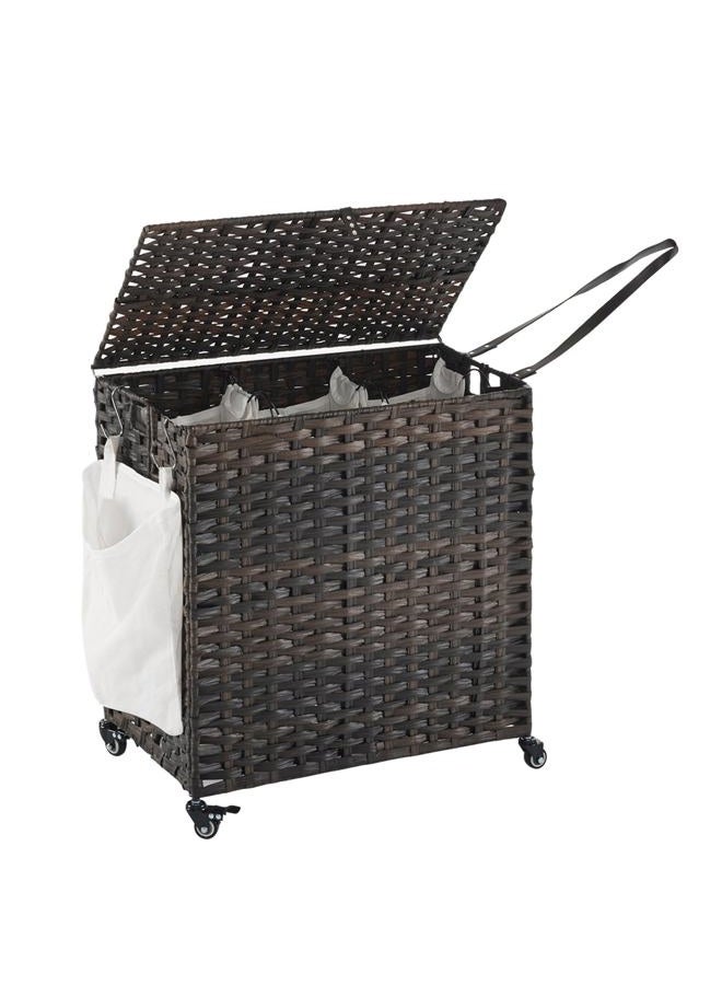 Hiagnete Laundry Hamper with Wheels, 39.6 Gallon(150L) Rolling Laundry Basket with Lid, 3-Section Rattan Clothes Hamper with 3 Removable Liner & 3 Mesh Laundry Bags, Laundry Sorter with Side Pocket, Brown - Image 1