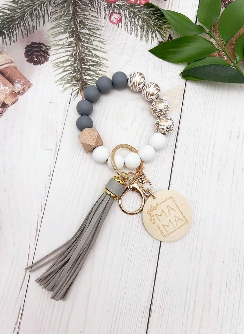 Elegant Keychain with Beaded Charm and Tassel – Gray and Gold - Image 1