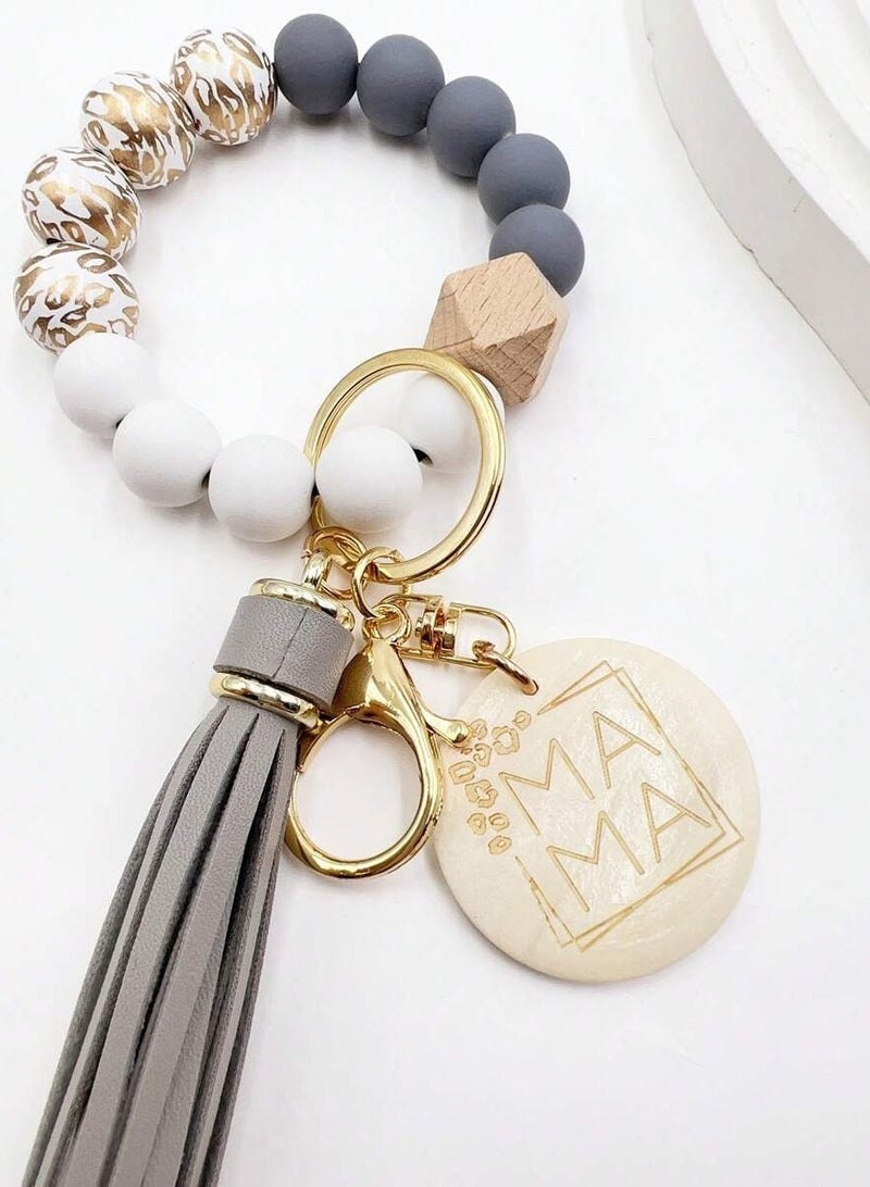 Elegant Keychain with Beaded Charm and Tassel – Gray and Gold - Image 3