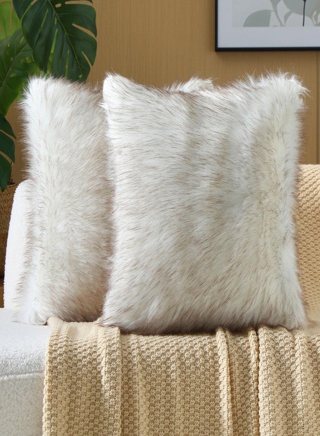 FUTEI Coffee White Decorative Throw Pillow Covers 18x18 Inch Set of 2,Soft Fluffy Faux Fox Fur Textured Cushion Case,Modern Home Decor for Couch Living Room - Image 1