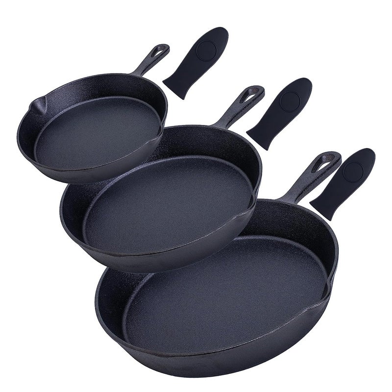 Bruntmor 6 75 10 Inches Black PreSeasoned Cast Iron Frying Pan Set of 3 Oven Safe Cast Iron Skillet Cast Iron Grill Pan Set Nonstick Cookware and Bakeware for Casserole Dish